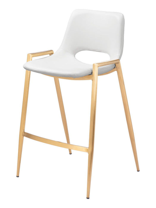 Pair of 26-inch white faux leather and steel low back counter height bar chairs with gold accents, set of two by HomeRoots.