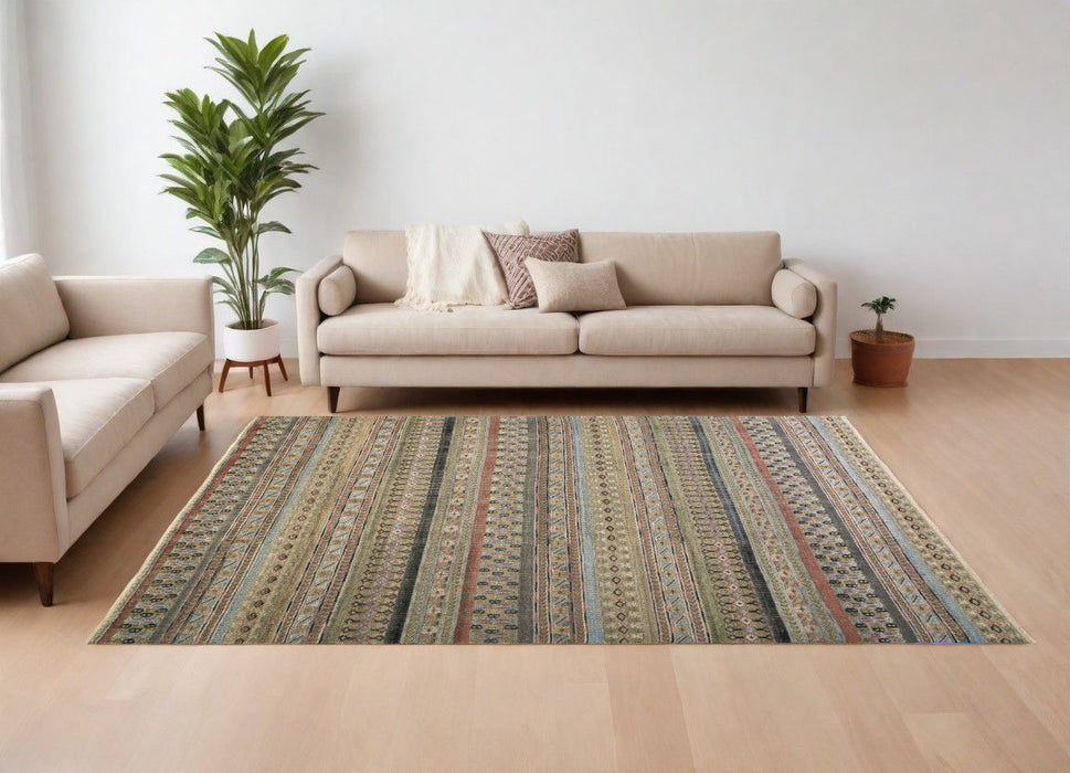 6' x 9' Striped Hand Knotted Area Rug - Tan Blue And Orange