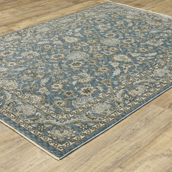 8' X 11' Oriental Area Rug With Fringe - Blue And Beige