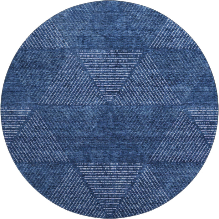 8' Transitional Geometric Washable Round Rug With UV Protection - Navy Blue And Ivory