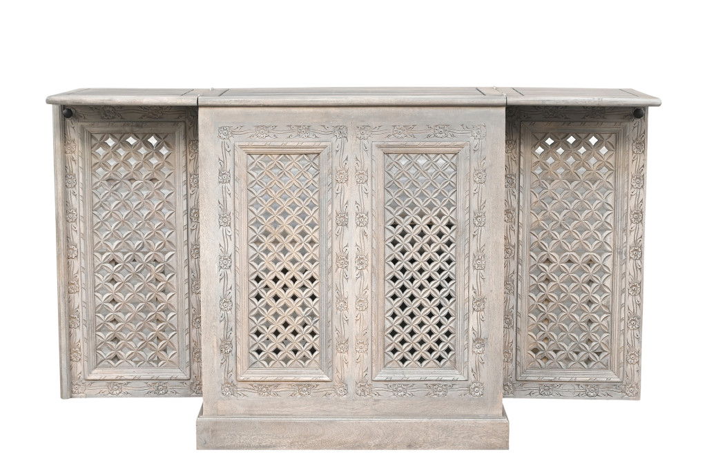Solid Wood Carved Floral Bar Cabinet With Two Doors One Drawer (727847) - White