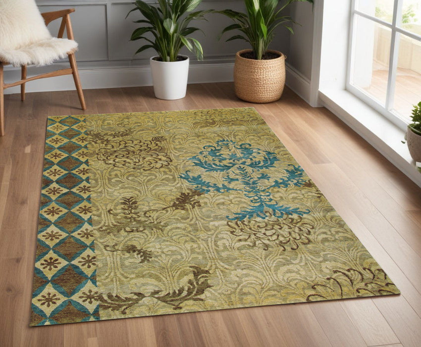 4' x 6' Floral Hand Knotted Area Rug - Tan Blue And Brown