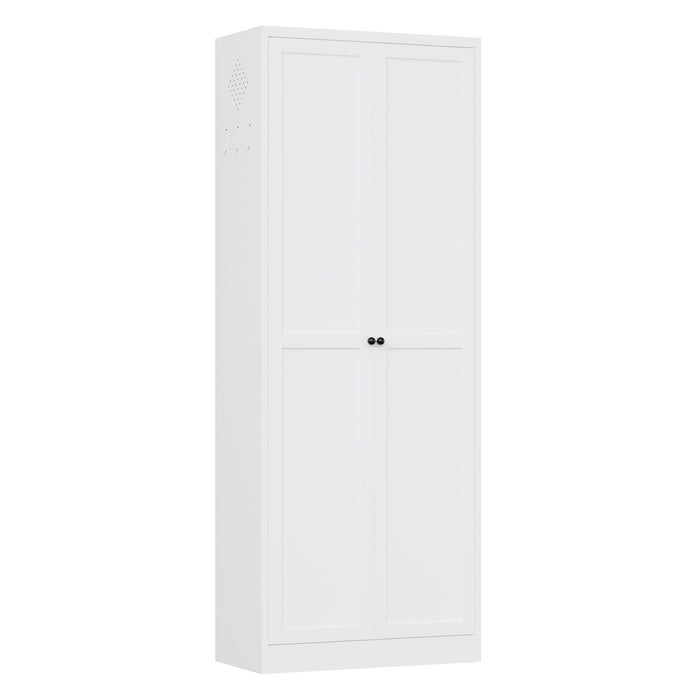 Giga white kitchen pantry cabinet with doors and five adjustable shelves, freestanding heavy-duty storage organizer.