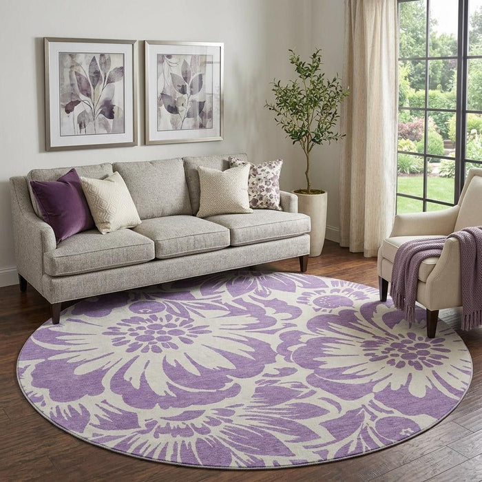8' Floral Washable Round Rug With UV Protection (648691) - Purple / Ivory