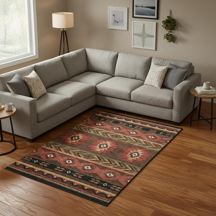 9' X 12' Geometric Washable Area Rug With UV Protection (645659) - Brown / Green / Rust