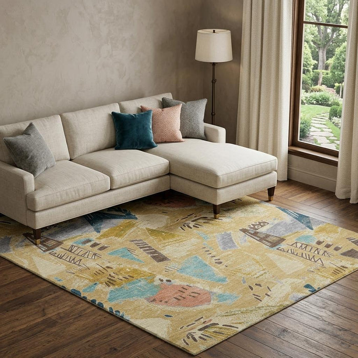 10' X 14' Geometric Washable Area Rug With UV Protection (694508) - Gold / Blue / Ivory