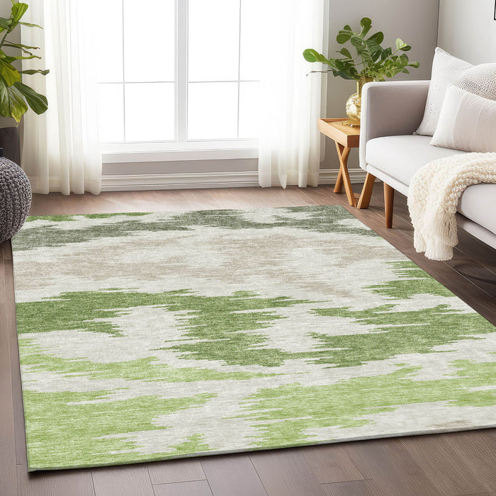 10' X 14' Abstract Washable Area Rug With UV Protection - Green And Beige