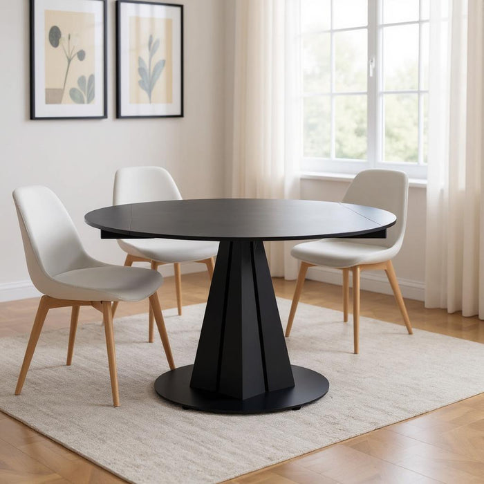 51" Stone And Metal Self-Storing Leaf Pedestal Base Round Top Extendable Dining Table - Black