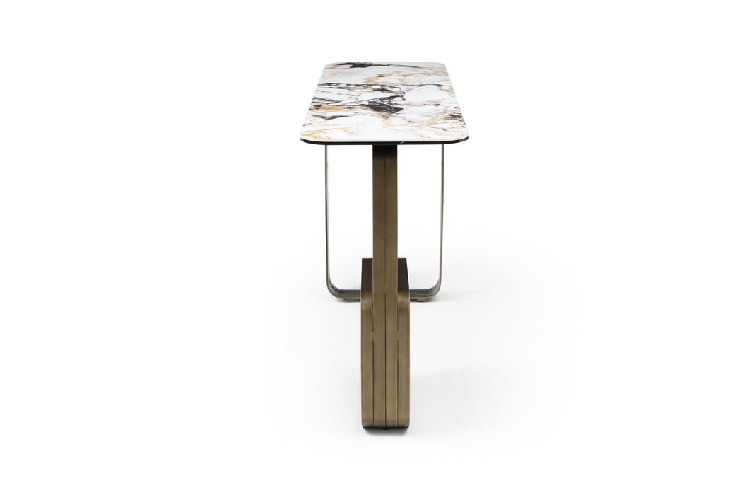 Ceramic Tile Metal Double Pedestal Console Table - White / Bronze