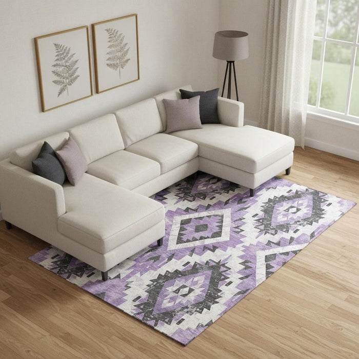 10' X 14' Southwestern Washable Area Rug With UV Protection (706601) - Purple / Charcoal / Ivory
