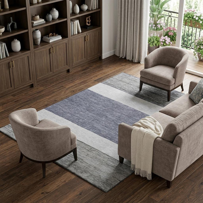 10' X 14' Striped Washable Area Rug With UV Protection (695102) - Denim Blue / Ivory / Gray