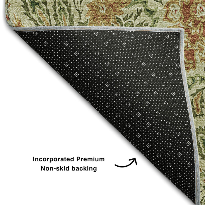 8' X 10' Floral Washable Area Rug With UV Protection (654968) - Artichoke Green / Rust