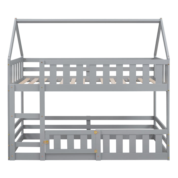 Giga twin over twin house bunk bed with safety fence and door, featuring a cozy, playful design ideal for children's bedrooms.