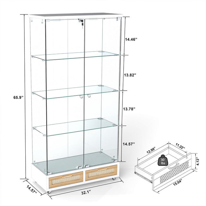 Giga glass display cabinet with LED lights, tempered glass doors, large drawers, two-door storage and four shelves in white and natural finish