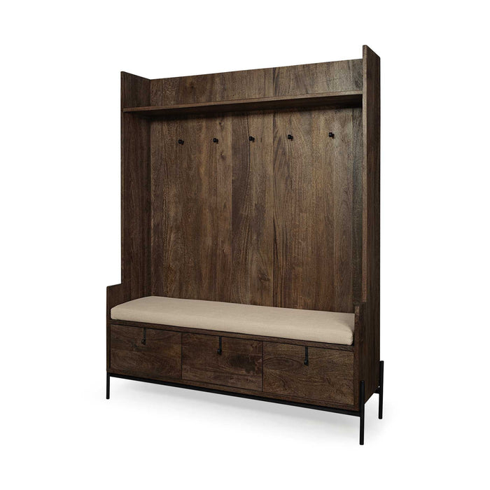 Wood, Fabric Wrapped Seat Hall Tree With Storage - Brown