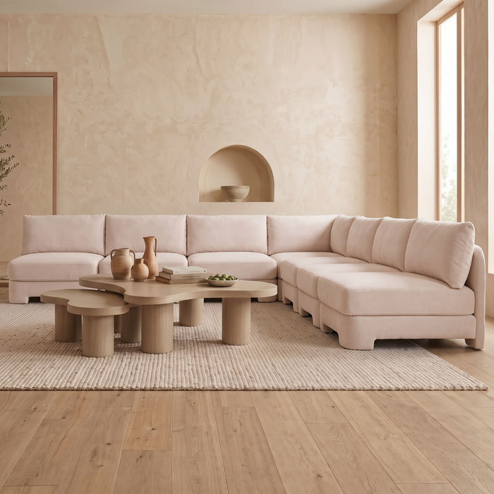 Meridian Furniture velvet performance fabric armless sectional sofa, 7-piece stationary sectional with plush upholstery and modern design.