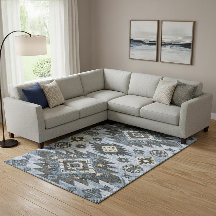 10' X 14' Tribal Washable Area Rug With UV Protection (708994) - Blue / Charcoal / Gray