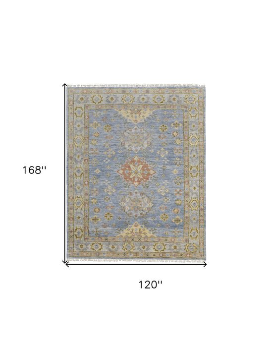 10' x 14' Wool Geometric Hand Knotted Area Rug With Fringe - Green Blue And Yellow