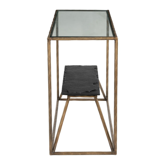 Stone And Glass And Iron Frame Console Table With Shelf - Clear / Brass