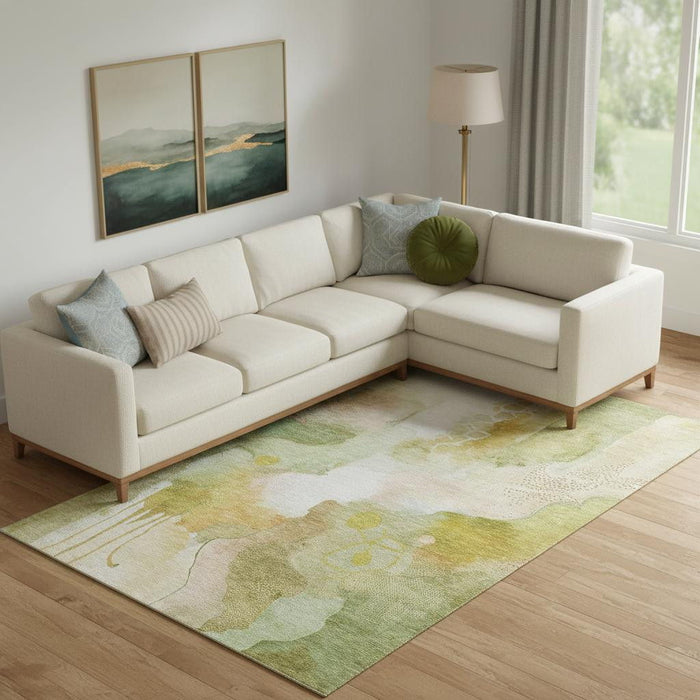 10' X 14' Abstract Washable Area Rug With UV Protection (714775) - Fern Green / Ivory