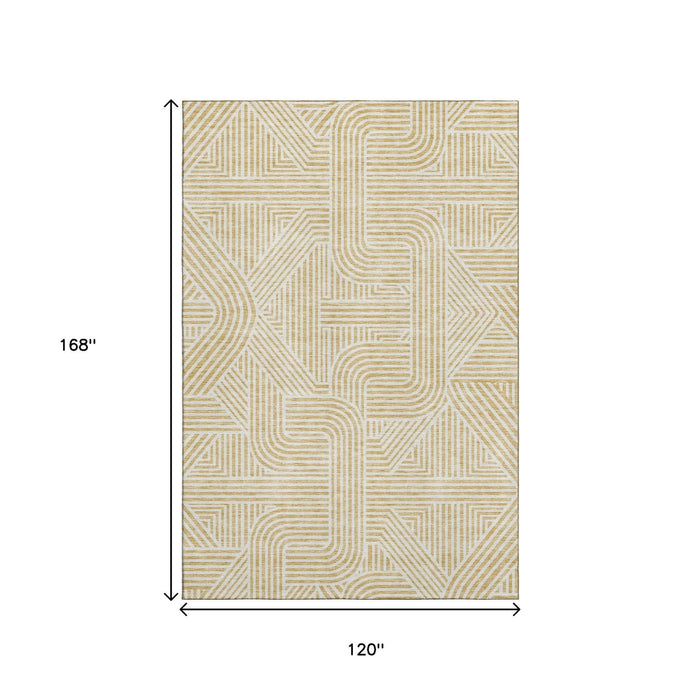 10' X 14' Abstract Geometric Washable Area Rug With UV Protection (672911) - Gold / Ivory