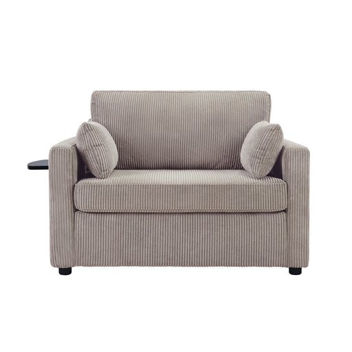 Giga sleeper sofa with foldable mattress, side table, USB ports, and storage pocket, shown in a modern living room setting.