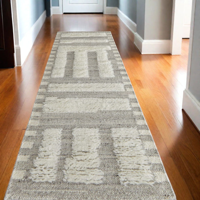 10' Wool Geometric Hand Woven Runner Rug - Gray And Ivory
