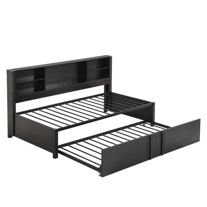 Giga industrial metal daybed with trundle, storage shelves, and USB ports, featuring a sturdy metal frame and modern design.
