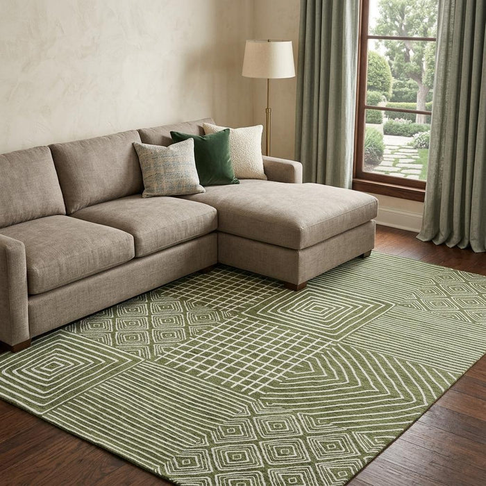 10' X 14' Geometric Washable Area Rug With UV Protection (681917) - Olive Green / Ivory