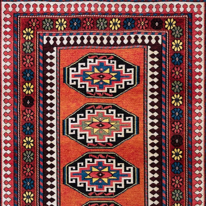 9' X 13' Tribal Washable Area Rug With UV Protection (610090) - Red / Orange