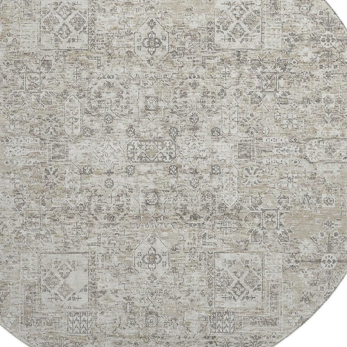 8' Floral Washable Round Rug With UV Protection (651223) - Taupe / Ivory