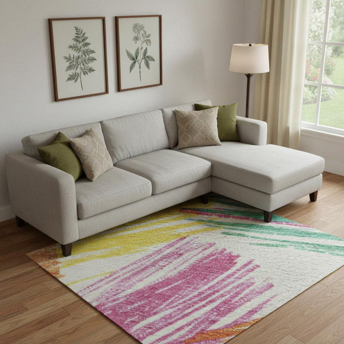 10' X 14' Striped Washable Area Rug With UV Protection (697506) - White / Yellow / Pink
