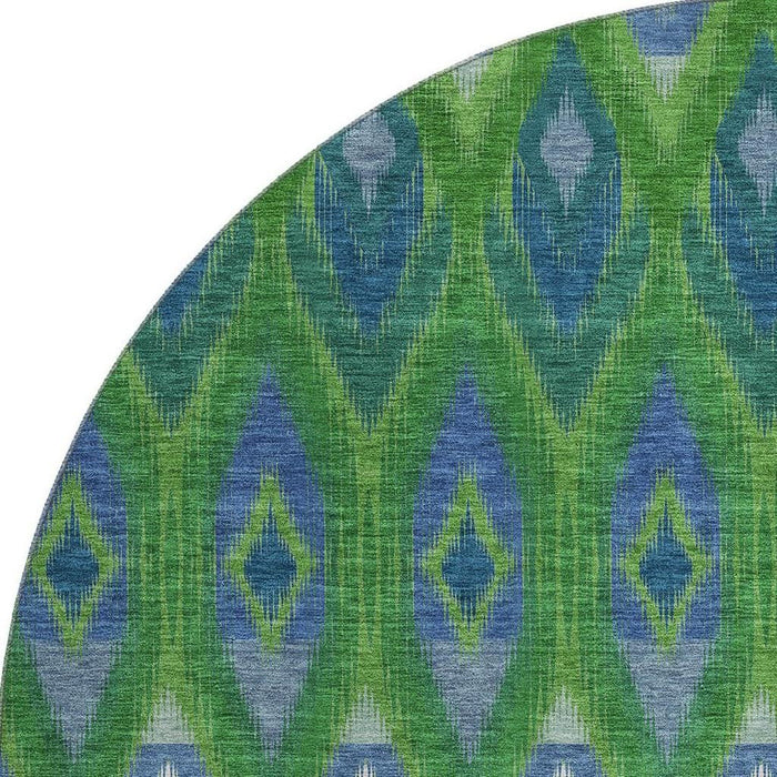 8' Southwestern Washable Round Rug With UV Protection (651902) - Green / Blue / Ivory