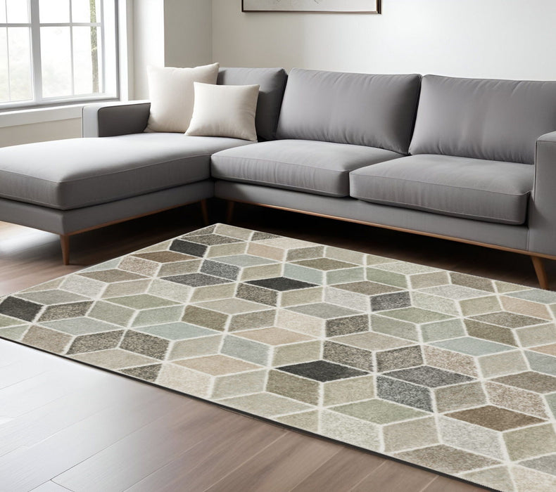 8' x 11' Geometric Power Loom Stain Resistant Area Rug - Beige Brown Gray Tan Sage And Pale Blue