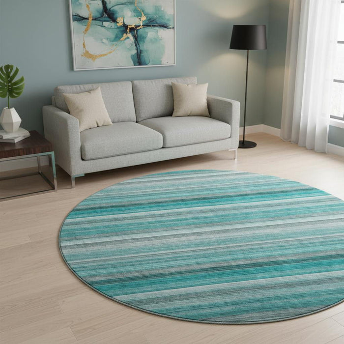 8' Striped Washable Round Rug With UV Protection (648055) - Teal / Gray / Ivory