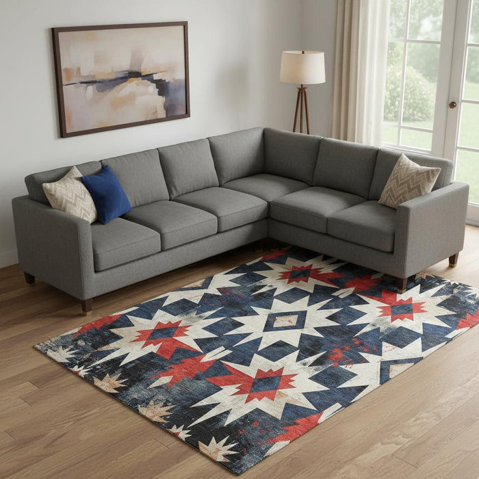 10' X 14' Diamond Washable Area Rug With UV Protection (707203) - Navy Blue / Red / Ivory