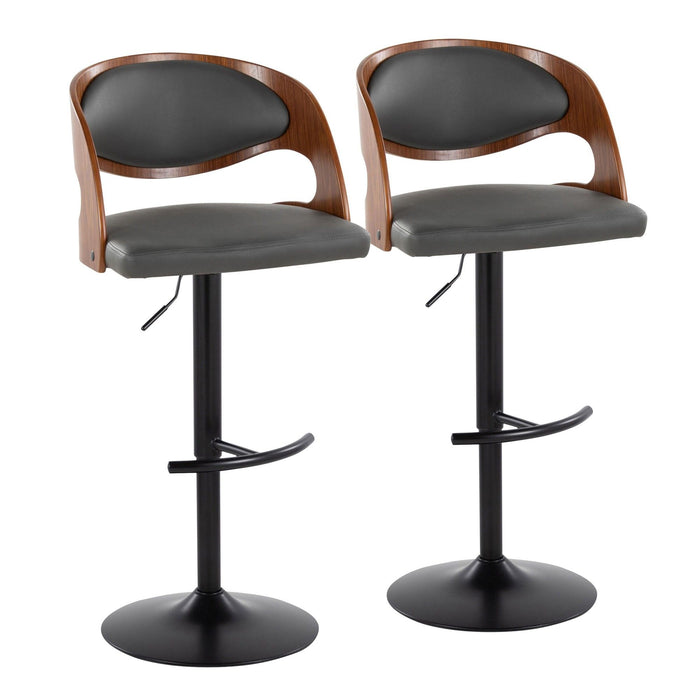 Pino - Mid-Century Modern Adjustable Swivel Barstool (Set of 2) - Black Metal, Walnut Wood And Gray Faux Leather With Rounded T Footrest