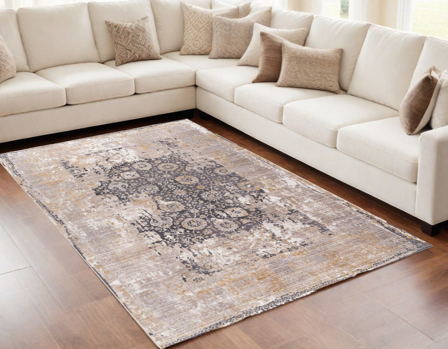 8' x 10' Oriental Non Skid Area Rug - Gray And Ivory