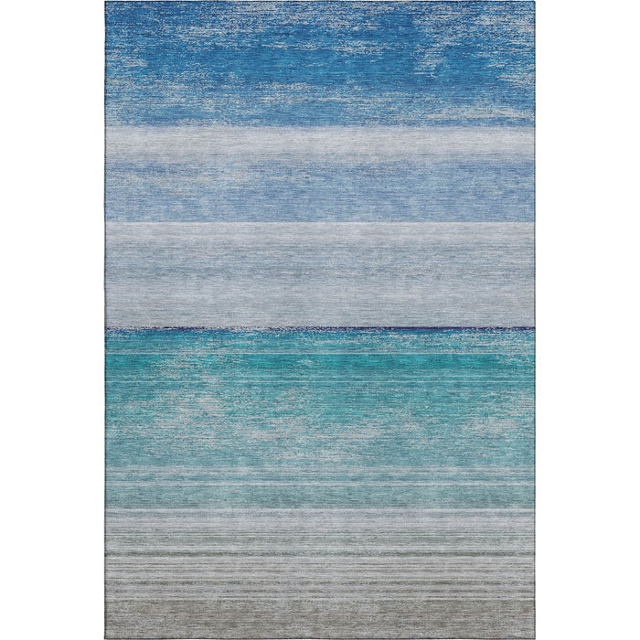 10' X 14' Striped Washable Area Rug With UV Protection (692535) - Sky Blue / Beige / Ivory