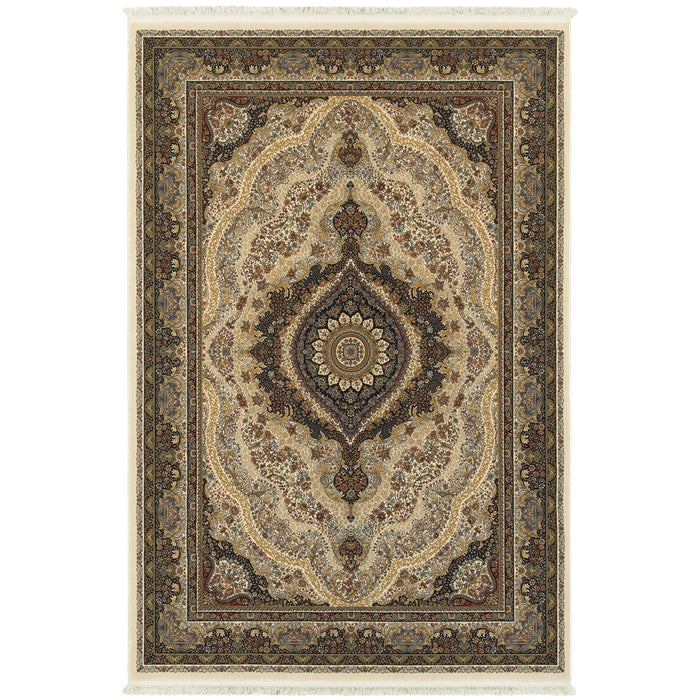 10' X 13' Medallion Area Rug With Fringe (574484) - Ivory / Black / Tan