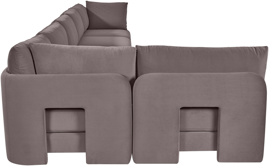 Velvet performance fabric L-shaped sectional sofa with armless design by Meridian Furniture, featuring plush cushioning and modern style.