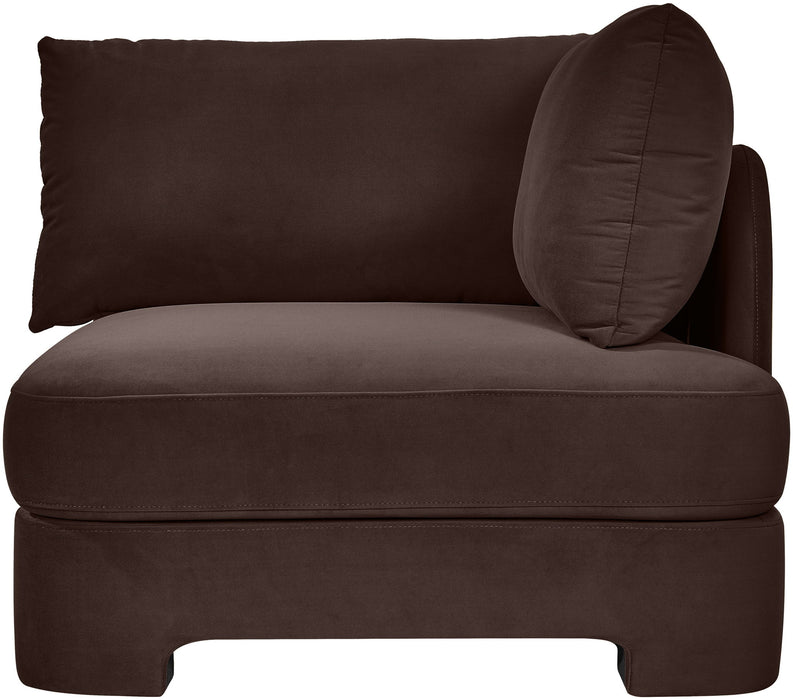 Velvet upholstered stationary chair by Meridian Furniture featuring plush fabric and modern design for comfortable seating.