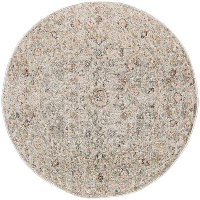 8' Floral Distressed Round Rug (573820) - Light Gray / Black / Yellow