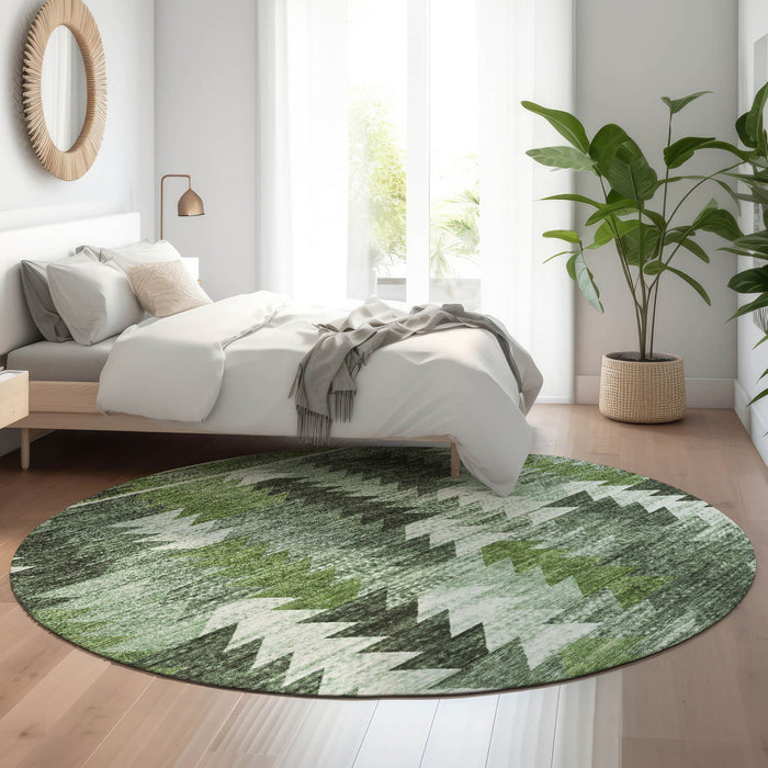 8' Southwestern Washable Round Rug With UV Protection - Olive Green