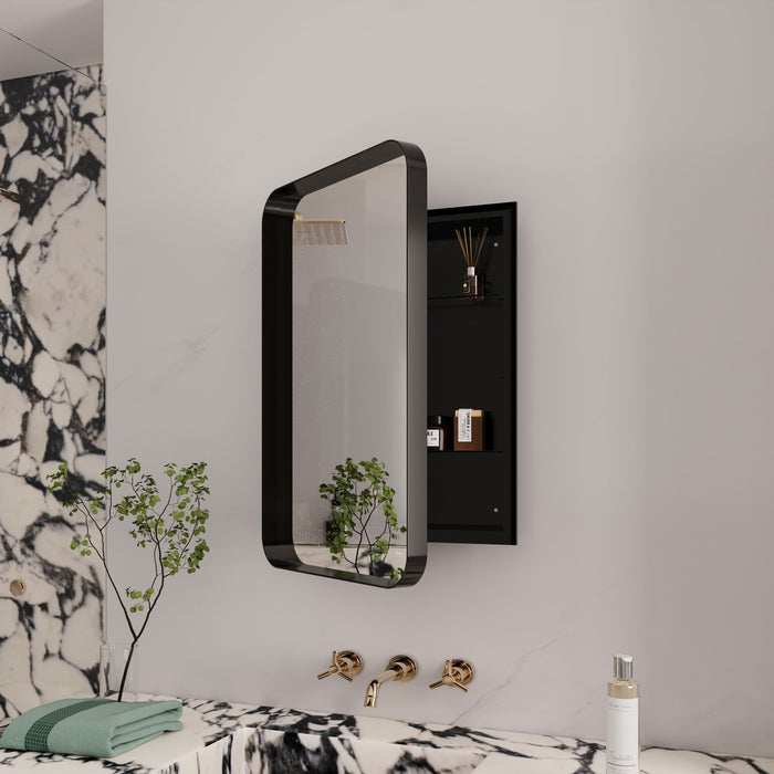 Giga recessed metal framed bathroom medicine cabinet with mirror, adjustable shelves, wall-mounted storage for toiletries.