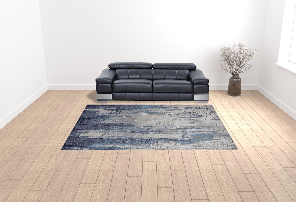 9' x 12' Abstract Power Loom Distressed Area Rug - Ivory Blue And Black