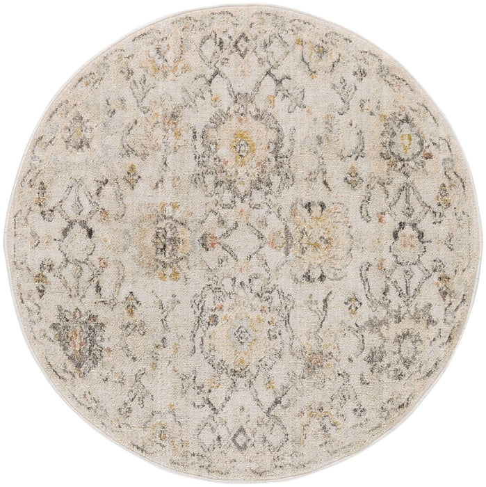 8' Floral Distressed Round Rug (573822) - Gray / Ivory / Yellow
