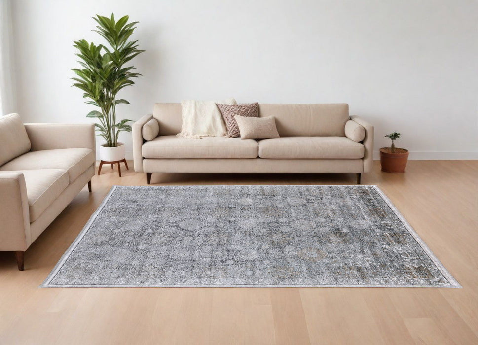 9' x 13' Damask Power Loom Worn Faded Area Rug - Gray And Silver