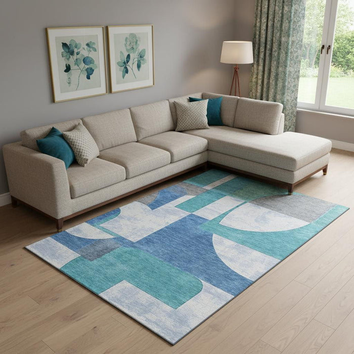 10' X 14' Abstract Geometric Washable Area Rug With UV Protection (697374) - Teal / Ivory / Gray