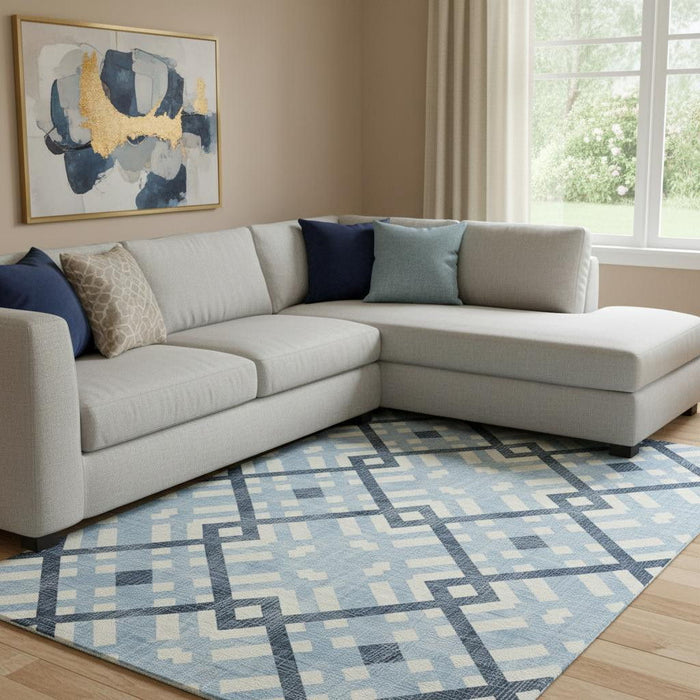 10' X 14' Geometric Washable Area Rug With UV Protection (651430) - Sky Blue / Ivory